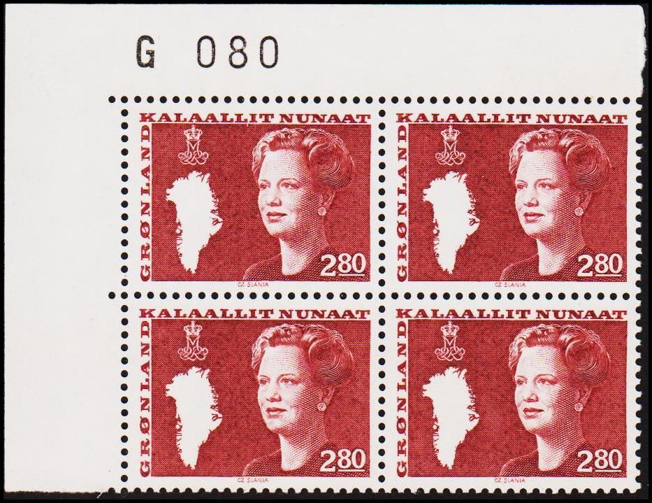 1985 Dronning Margrethe 2 Kr brunrød 4 Blok G 080 1985 Afa 155